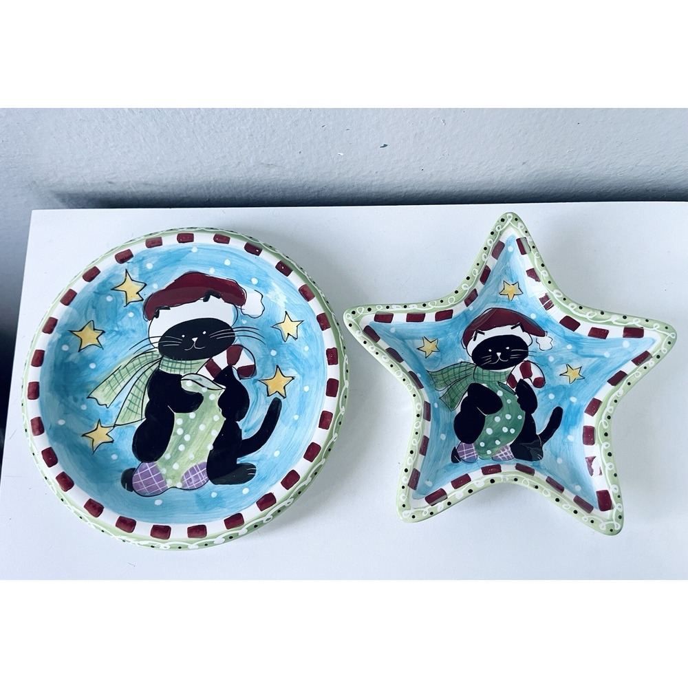 VINTAGE CHRISTMAS‎ CAT & HOLIDAY CERAMIC PLATE  HAND PAINTED HAUSENWARE